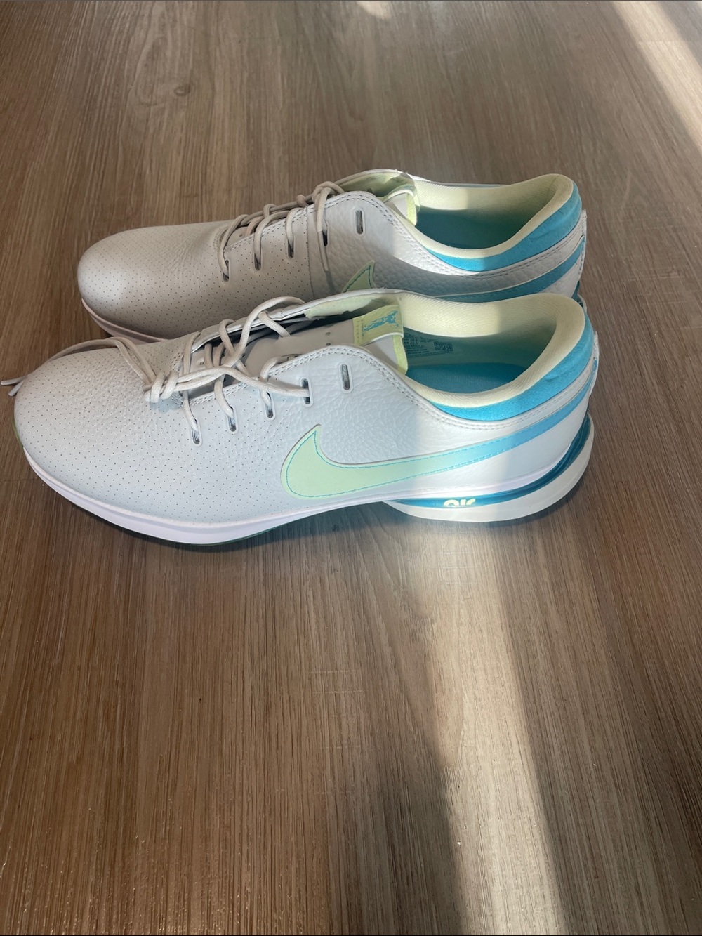 Nike Men’s White Sneakers with Aqua Swoosh and Teal Heel